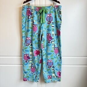 Nick & Nora Pajama Pants XXL Blue Pink Owl Trees Flannel Sleepwear